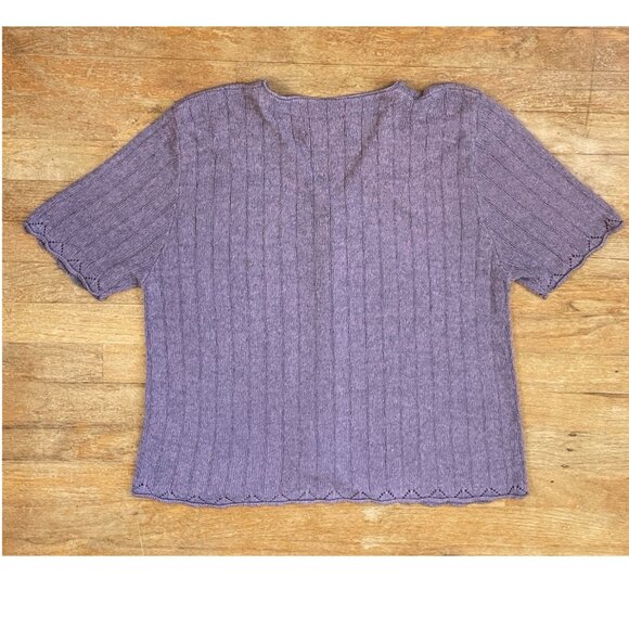 Vintage Knit Cardigan Top Size Large 90s Purple Eyelet Short Sleeve Button Down - Picture 4 of 4